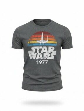 Star Wars Gray Men's Graphic Tee with Retro Sunset X‑Wing Graphic, Large, New